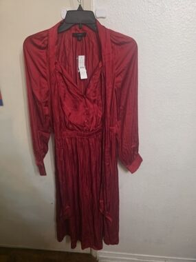 J Crew Red Satin Long Sleeve Button Front Dress